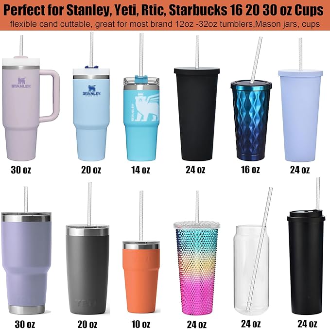 ALINK 12-Pack Reusable Clear Plastic Glitter Straws, 11" Long Hard Tumbler Replacement Straws for 20 OZ 30 OZ Stanley, Yeti/Rtic, Mason Jars with Cleaning Brush