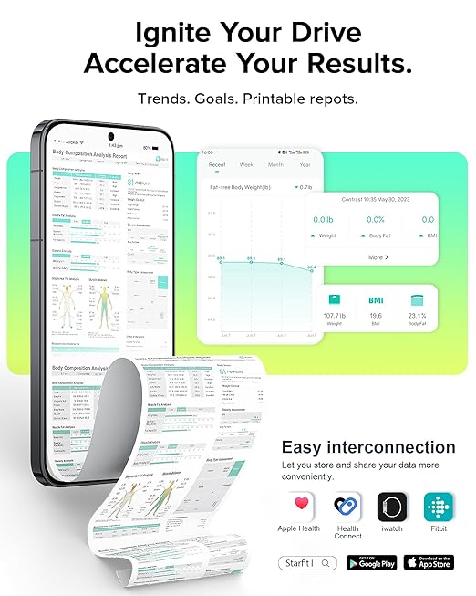 RunStar Scale for Body Weight and Fat, Full-Body Bathroom Scale with 8 Electrodes for BMI, Muscle Mass, High-Accuracy Body Composition Monitor with 28 Metrics & App Connectivity, 3-Metric Display