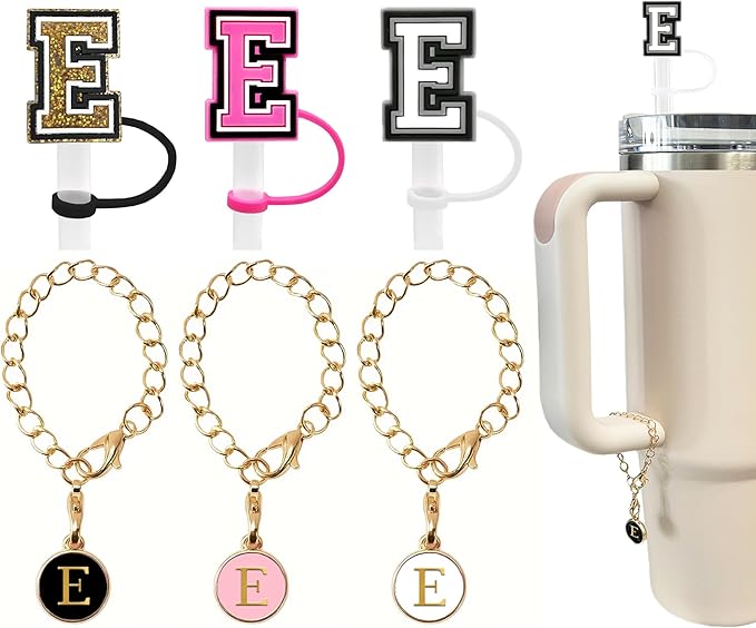（3 +3) 3PCS Nuozme Straw Cover 10mm For Stanley Tumbler Cup Reusable Straw Cap Topper with 3 Initial Letter Charms Accessories Name ID Personalized Handle Charm For Stanley 30&40 Oz Cup Tumbler