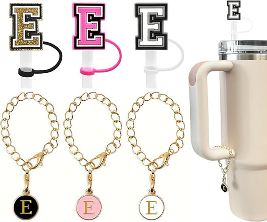 （3 +3) 3PCS Nuozme Straw Cover 10mm For Stanley Tumbler Cup Reusable Straw Cap Topper with 3 Initial Letter Charms Accessories Name ID Personalized Handle Charm For Stanley 30&40 Oz Cup Tumbler