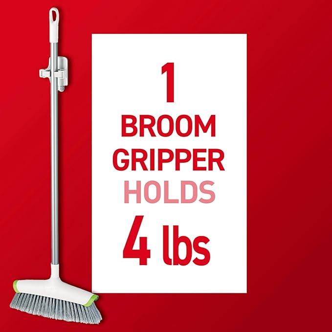 Command Broom and Mop Grippers, 2 Hangers and 4 Command Strips, Damage-Free Hanging Wall Mount Broom and Mop Holder, Household Cleaning Organizer for Christmas Decorations, Holds up to 4 lb