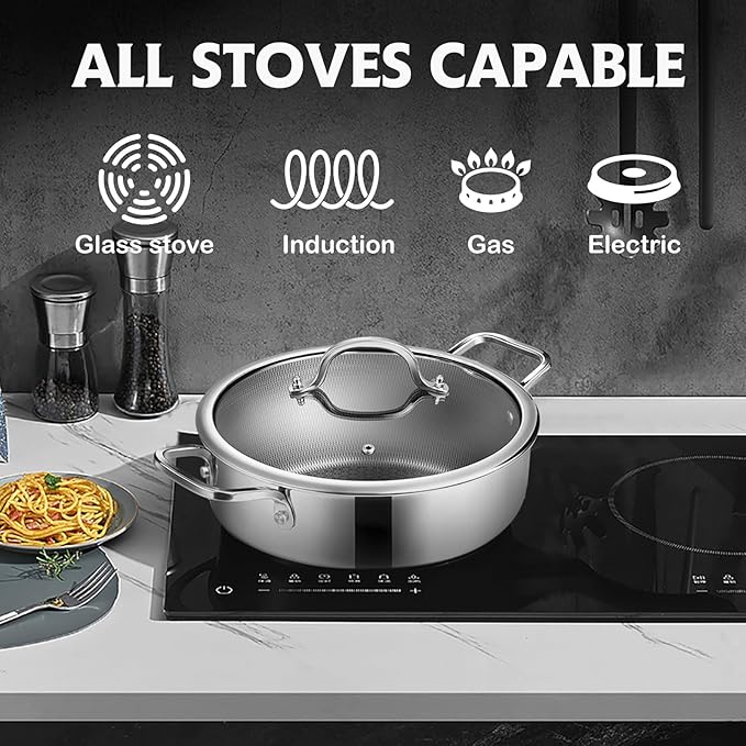Saute Pan,Hybrid Non Stick 5 Quart Everyday pan,Chicken Fryer, PFOA Free Cookware,12 inch Deep Frying Pans with Lid,Dishwasher and Oven Safe,Works on Induction,Ceramic and Gas Cooktops
