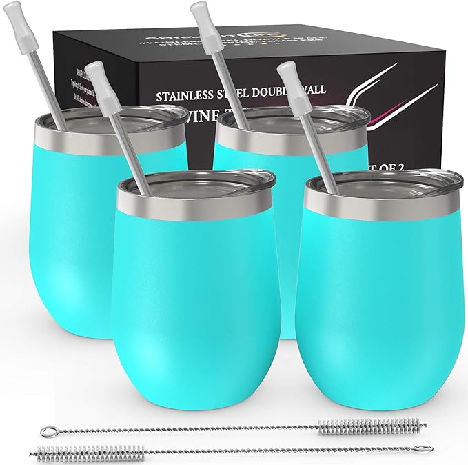 CHILLOUT LIFE 12 oz Stainless Steel Wine Tumblers 4 Pack - Double Wall Vacuum Insulated Wine Glasses Cups with Lids and Straws Set Keeping Cold & Hot for Coffee, Beer, Ice Cream - Powder Coated Blue