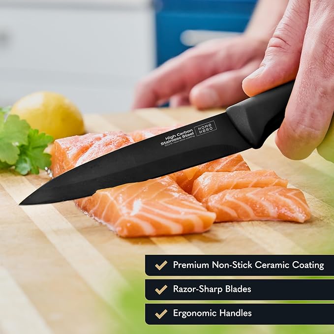 Home Hero High Carbon Stainless Steel Knife Set - Chef Knife Set Precision Slicing & Versatility - Nonstick Ceramic Coated Blades & Easy Cleaning - Ergonomic Handles & Secure Grip - 12-Piece, Black