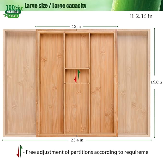Bamboo Silverware Organizer, Expandable Kitchen Drawer Organizer and Utensil Organizer, Cutlery Tray with Drawer Dividers for Kitchen Utensils and Flatware, Bedroom, Living Room (Natural)