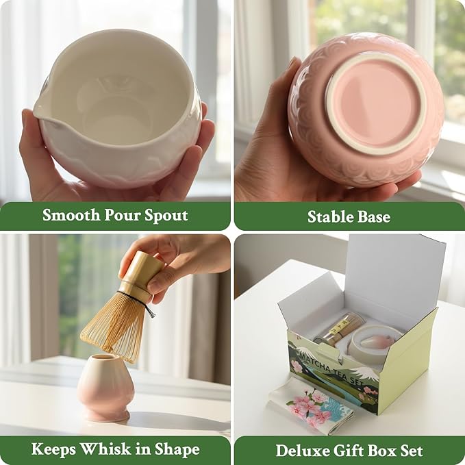 Matcha Whisk Set - Ceramic Matcha Set Includes Matcha Bowl, Whisk and Holder, Bamboo Scoop, Scoop Rest, Sifter and Tea Towel - 7 Pcs Ceremonial Gift Kit for Matcha Lovers (Gradient Pink)
