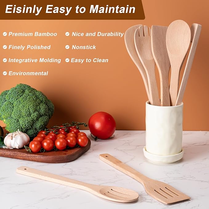 Wooden Spoons for Cooking 7-Piece, Kitchen Nonstick Wood Cooking Utensils Set, Durability Wooden Spatula Spoon for Everyday Use, Light Yellow