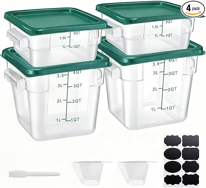 4 Pack 2QT & 4QT Food Storage Containers with Green Lids, Clear Square Commercial Food Storage Containers with Scales and Handles, BPA-Free Airtight Restaurant Container for Sourdough, Marinating Meat