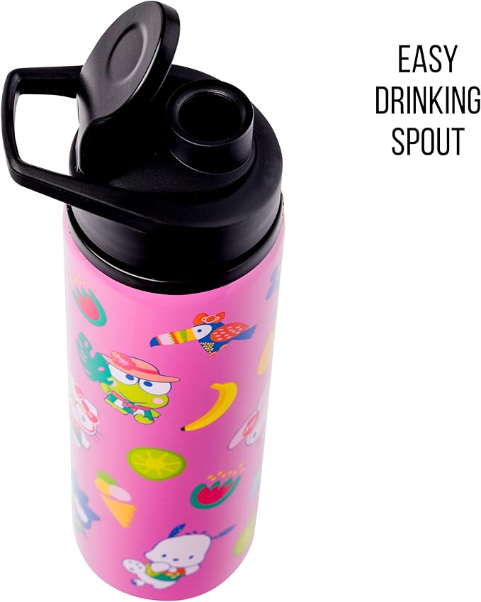Silver Buffalo Sanrio Hello Kitty and Friends Tropical Stainless Steel Water Bottle Featuring Keroppi, Tuxedo Sam, Badtz-Maru, and Pochacco, 25 Ounces