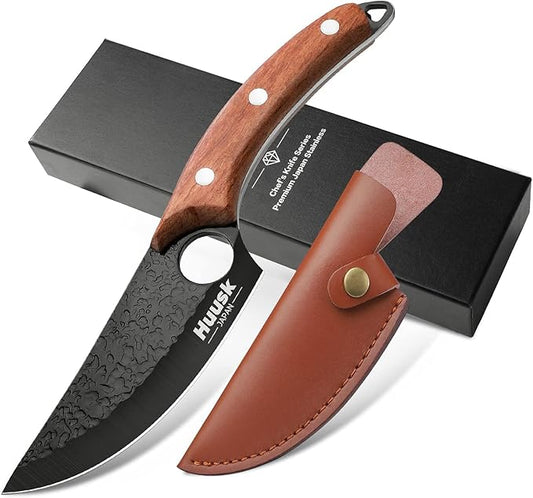 Huusk Knives, Viking Boning Knives for Meat Cutting, Small Ulu knives, Caveman Ultimo Knives Hand Forged Full Tang Knives for Kitchen or Camping Gift for Dad
