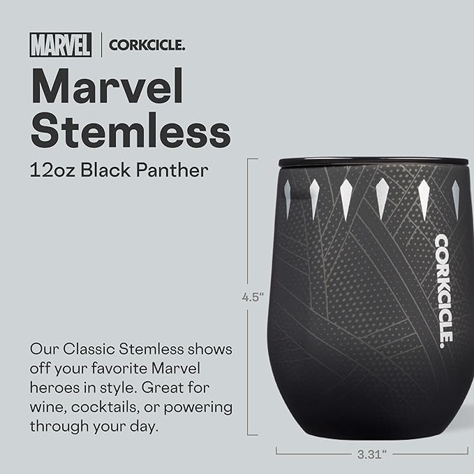 Corkcicle Stemless Insulated Wine Glass Tumbler - Keeps Beverages Cold 6 Hours & Hot 3 Hours - Stainless Steel - Easy-Grip - Summer Drinkware Gift - Keeps Drinks Ice Cold - 12 oz - Black Panther