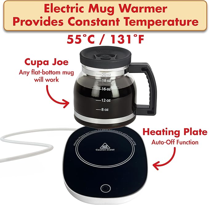 Electric Mug Warmer + Cupa Joe 20oz Diner-Style Mug Gift Set – Borosilicate Glass with Spill-Proof Lid – Unique Coffee Cup for Home, Coworkers, or Desk Use