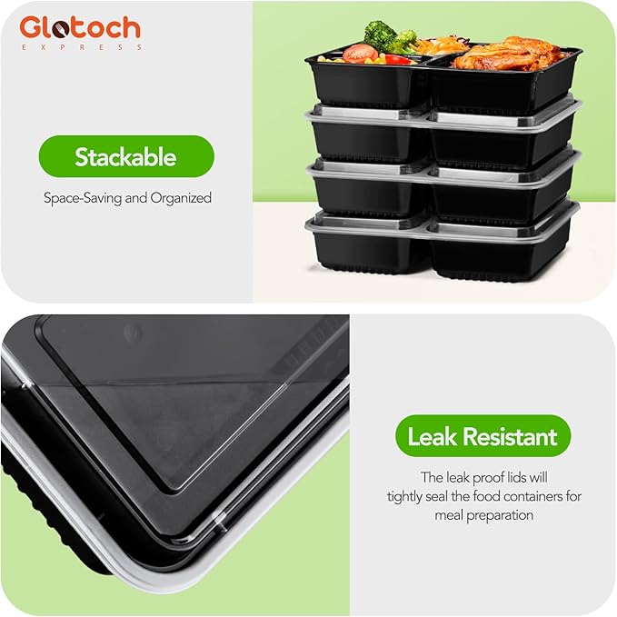 Glotoch 50 Pack (100-Piece) 34oz Meal Prep Containers Reusable with Lids 3-Compartment Containers Microwave, Freezer, Dishwasher Safe - Leakproof Durable To Go Take Out Plastic Food Storage