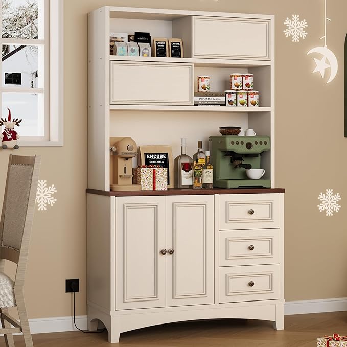 71" Antique White Pantry Cabinet with Charging Station, 4-Type Storage & Anti-Tip Design, Farmhouse Kitchen Cabinet with Adjustable Shelves