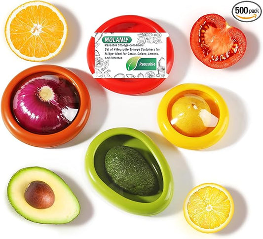 Set of 4 Saver and Tomato Holder - Reusable Storage Containers for Fridge - Fridge Organizer Ideal for Garlic, Onions, Lemons, and Potatoes