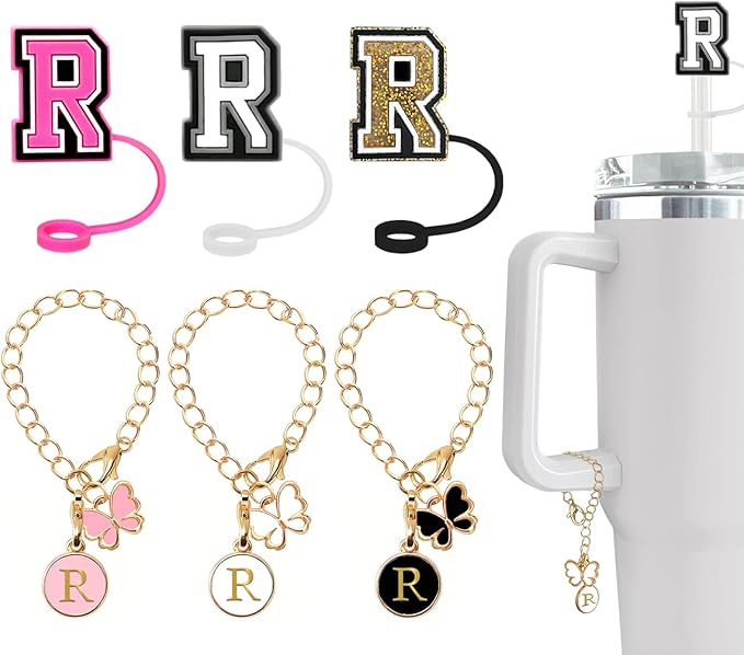 （3 +3) Nuozme Straw Cover Compatible with Stanley Tumbler Cup 3PCS Letter Straw Caps Toppers with 3 Initial Butterfly Charms Name ID For Stanley 30&40 Oz Cup