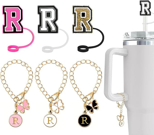 （3 +3) Nuozme Straw Cover Compatible with Stanley Tumbler Cup 3PCS Letter Straw Caps Toppers with 3 Initial Butterfly Charms Name ID For Stanley 30&40 Oz Cup