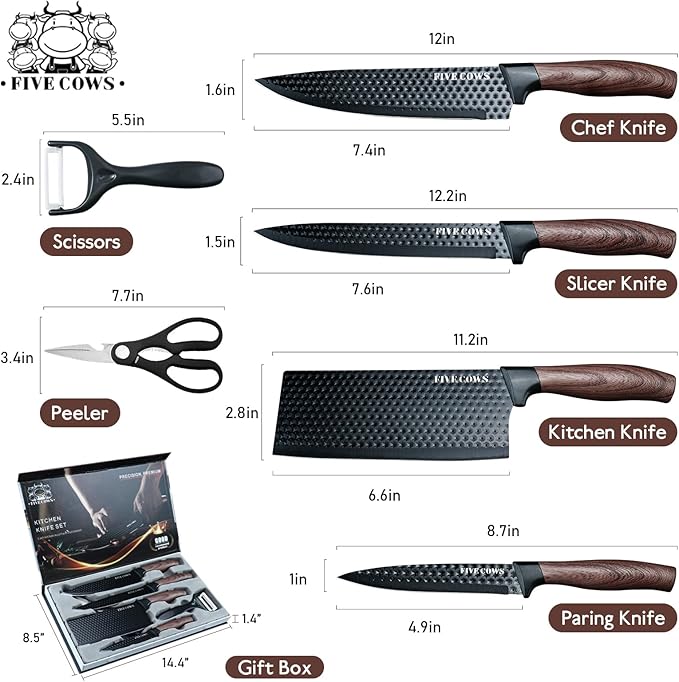 6 Pcs Kitchen Knife Block Set German High Carbon Stainless Steel Chef Knives, Razor-Sharp & Durable, Lightweight Anti-Slip Handle, Professional Set for Home & Kitchen (Brown 6 Piece)