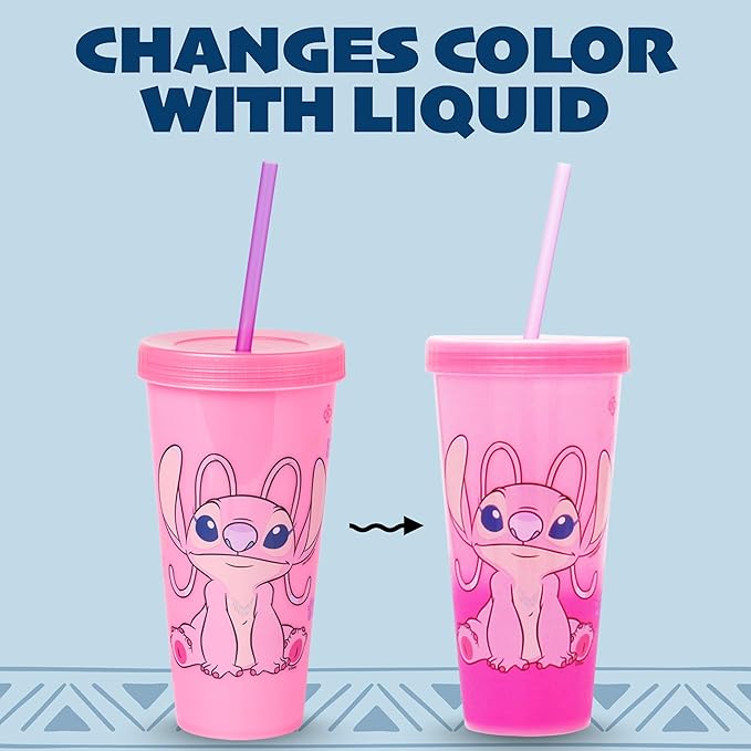 Silver Buffalo Disney Lilo and Stitch Angel Coconut Flowers 2 Pack Color Change Plastic Tumbler, 24-Ounce