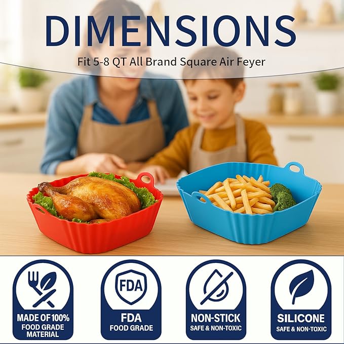9 Inch Large Air Fryer Silicone Liners - 2 PCS Square Reusable AirFryer Basket Liners for 5-8QT Air fryer, Air fryer Accessories for Baking Roasting Microwave (Red + Blue)