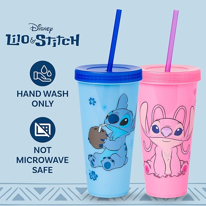 Silver Buffalo Disney Lilo and Stitch Angel Coconut Flowers 2 Pack Color Change Plastic Tumbler, 24-Ounce