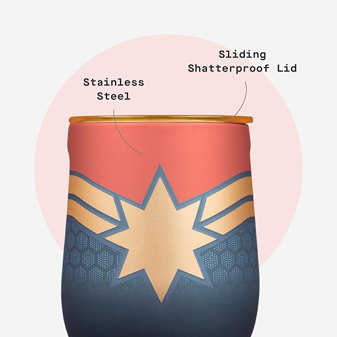 Corkcicle Stemless Insulated Wine Glass Tumbler - Keeps Beverages Cold 6 Hours & Hot 3 Hours - Stainless Steel - Easy-Grip - Summer Drinkware Gift - Keeps Drinks Ice Cold - 12 oz - Captain Marvel