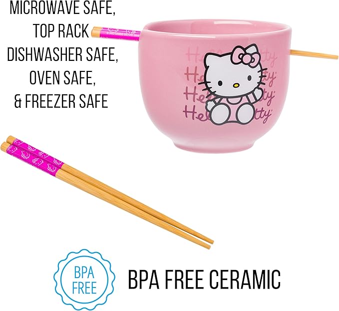 Silver Buffalo Sanrio Hello Kitty Waving Pink Ceramic Ramen Noodle Rice Bowl with Chopsticks, Microwave Safe, 20 Ounces,
