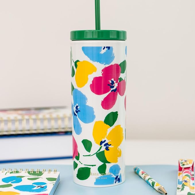 kate spade new york Acrylic Tumbler with Lid and Straw, 24 oz Tumbler, Slim Double Wall Tumbler (Painterly Bouquet)