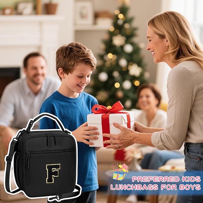 Initial Insulated Lunch Bag for Boys Kids, Back to School Gift, Reusable Leak-proof Lunch Box with Adjustable Strap for School Daycare Travel Picnic（Black，F）