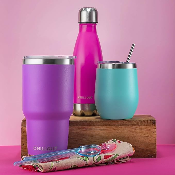Stainless Steel Travel Mug with Handle 30 oz – 6 Piece Set. Tumbler with Handle, Straw, Cleaning Brush & 2 Lids. Double Wall Insulated Large Coffee Mug Bundle - Purple Powder Coated Tumbler