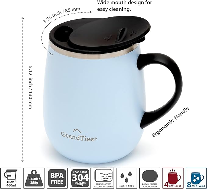 GRANDTIES Insulated Coffee Mug with Handle - Sliding Lid for Splash-Proof 16oz Wine-Glass Shape Thermal Tumbler with Double Walled Vacuum Stainless Steel to Keeps Beverages Hot or Cold-Glacier Lake