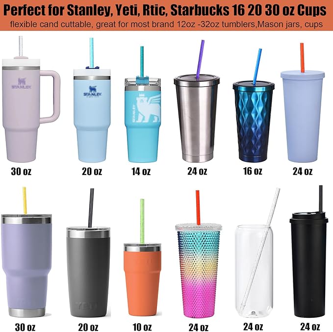 ALINK 12-Pack Glitter Reusable Clear Plastic Straws, 11" Long Hard Tumbler Replacement Drinking Straws for 16 OZ 20 OZ 30 OZ Stanley, YETI, Starbucks Tumblers with Cleaning Brush