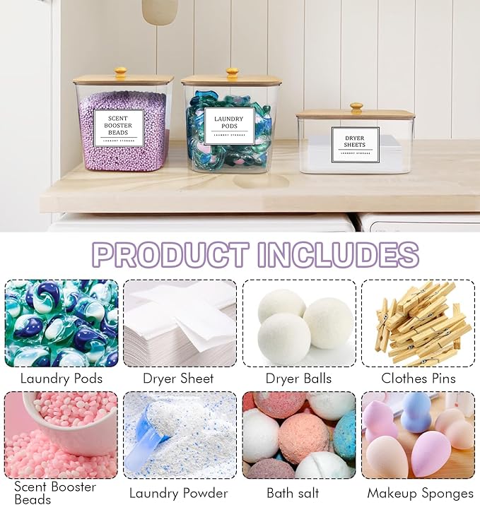 2+1 Pack Laundry Pods Container,Clear Laundry Detergent Powder Storage Containers,Laundry Room Organization Containers with Wooden Lids & Labels,Laundry Pods Holder for Scent Booster,Dryer Ball