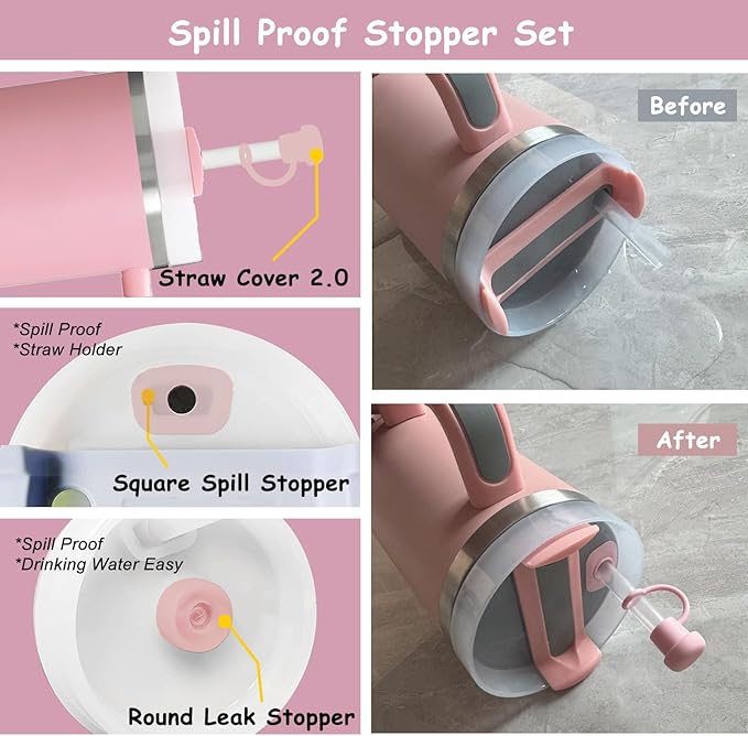 Stanley Cup Accessories Set,Including 2 Pcs 0.4in Straw Cover, 1 Silicone Spill-Proof Stopper Set of 3, 1 Cute Butterfly Handle Charm, 1 Silicone Boot Fits Stanley 40&30 Oz Tumbler (Pink)