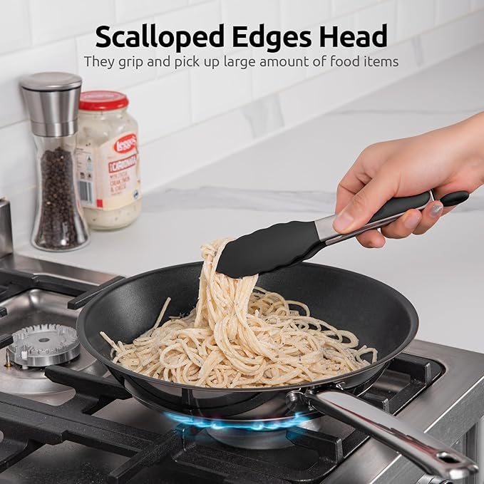 480ºF Heat Resistant Kitchen Tong: U-Taste 7 inch Silicone Cooking Tong with Firm Sealed Non Stick Rubber Tips & Silicon Coated 18/8 Stainless Steel Handle & Smooth Locking for Serving Salad (Black)