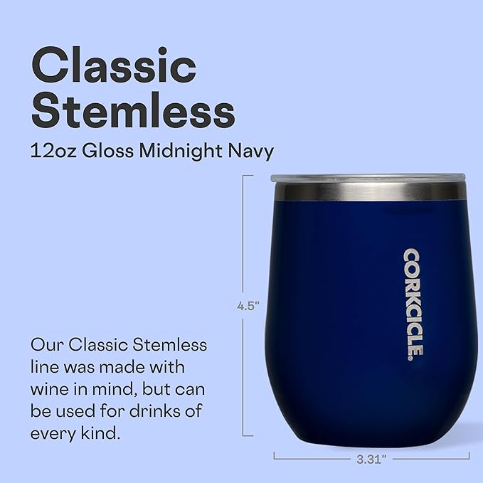 Corkcicle Stemless Wine Tumbler - Keeps Drinks Cold for 6 Hours - Triple-Insulated Stainless Steel - Non-Slip Base - Summer Drinkware Gift - Keeps Drinks Ice Cold - 12 oz - Gloss Midnight Navy