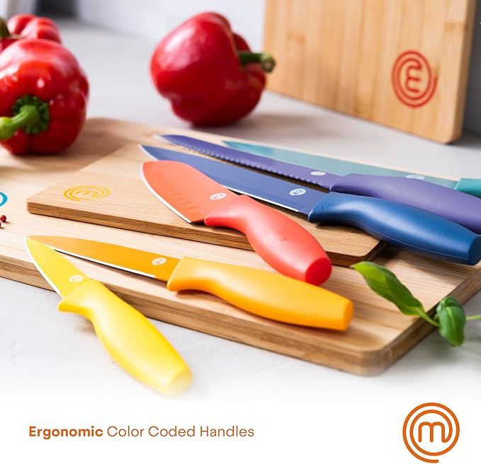 MasterChef Kitchen Knife Set with Covers incl. Paring, Boning, Carving, Bread, Santoku & Chef Knife, Sharp Cutting Stainless Steel Blades with Sheaths, 12 Piece (6 Colored Kitchen Knives & 6 Covers)