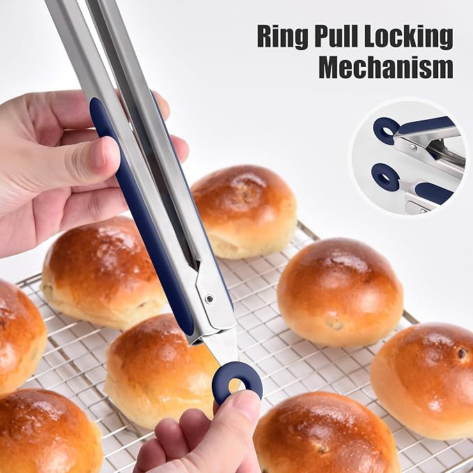 Doosu Kitchen Tongs for Cooking - 600°F Heat Resistant Food Tong with Non-Scratch Silicone Tips, Heavy Duty Stainless Steel Locking Tong for BBQ, Grilling Steak, Serving Salad Pasta (12in, Navy Blue)