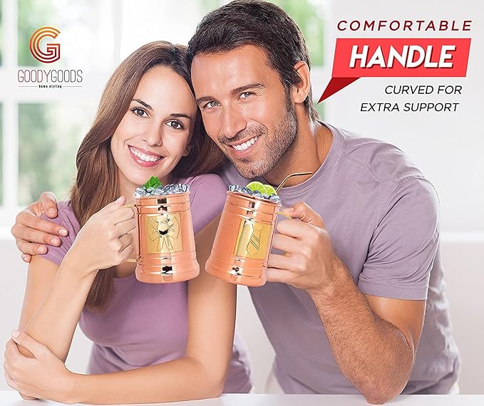 G GOODYGOODS Moscow Mule Copper Mugs: Make Any Drink Taste Better! 100% Pure Solid Copper His & Hers Gift Set - 2 Hammered 18 OZ Cups, 2 Unique Straws, Jigger & Recipe Booklet