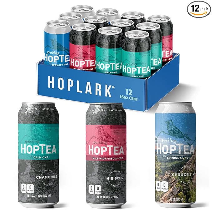 HOPLARK Sparkling HopTea – The Relax Pack – Calming Botanical Sparkling Tea Sampler with Chamomile, Hibiscus and Spruce Tips – Zero Calorie – Unsweetened – 12 Pack 16oz Cans