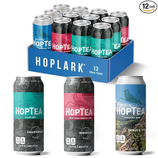 HOPLARK Sparkling HopTea – The Relax Pack – Calming Botanical Sparkling Tea Sampler with Chamomile, Hibiscus and Spruce Tips – Zero Calorie – Unsweetened – 12 Pack 16oz Cans