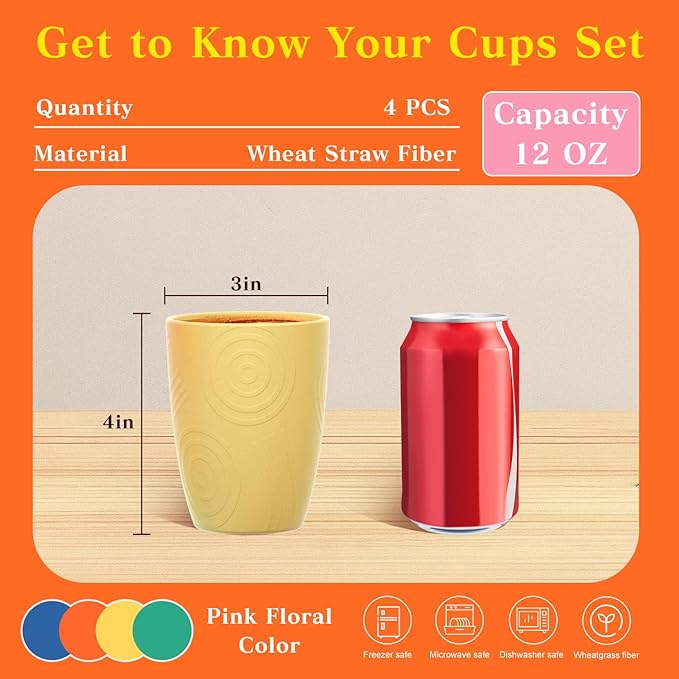 Homienly Wheat Straw Cups Alternative to Plastic Cups Set of 4 Premium Drinking Glasses - 12 OZ, Unbreakable Drinking Cups, Dishwasher & Microwave Safe Tumbler Cups for Kitchen, Kids, Picnic - Multi