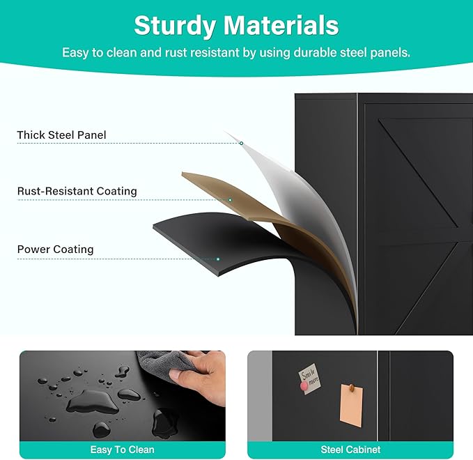 Black Storage Cabinet with Doors and Adjustable Shelves,36" Tall Farmhouse Food Pantry Cabinets,Small Sideboard Cabinet,Short Metal Storage Cabinets for Home Kitchen,Dining/Living/Laundry/Room