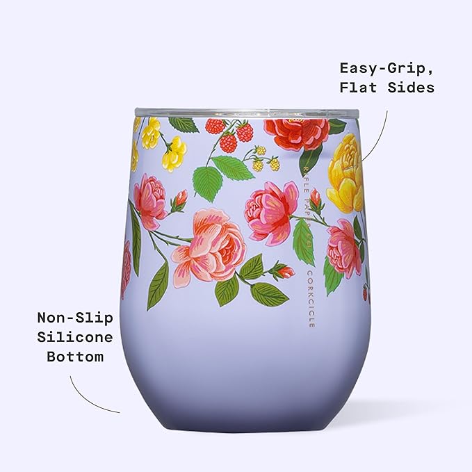 Corkcicle Stemless Insulated Wine Glass Tumbler - Keeps Beverages Cold 6 Hrs Hot 3 Hrs - Stainless Steel - Easy-Grip - Gift for Mom - Great for Mother's Day or Christmas - 12 oz - Roses Purple