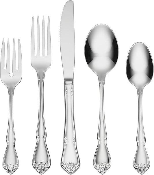 Oneida True Rose 45 Piece Everyday Flatware, Service for 8, 18/0 Stainless Steel, Silverware Set, Silver