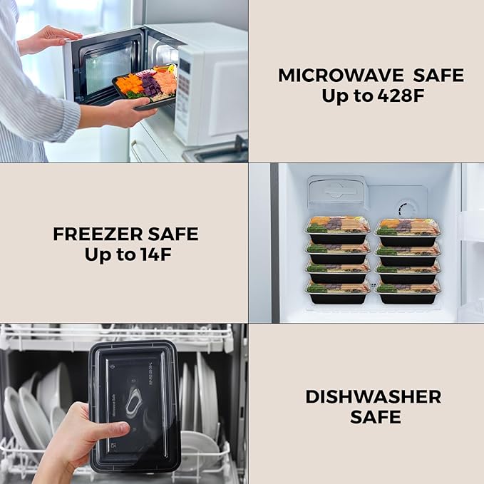 Klex 28 Oz, 50 Sets Meal Prep Containers with Airtight Lids, BPA Free, Reusable Plastic Food Container, 28 oz, Rectangular, Black/Clear, 50 Sets