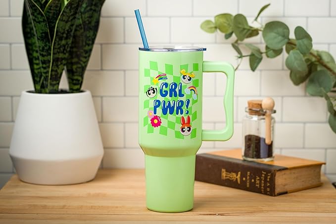 Silver Buffalo Powerpuff Girls Girl Power Groovy Retro Featuring Blossom, Bubbles, and Buttercup Stainless Steel Tumbler with Handle and Straw, Fits in Standard Cup Holder, 40 Ounces