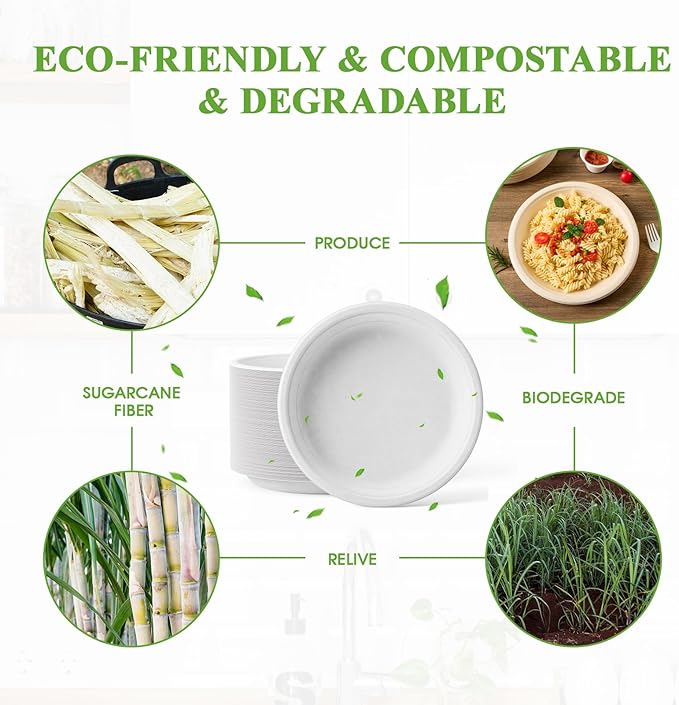 ECOLipak 125 Pack Paper Plates 10 inch 100% Compostable, Heavy-Duty Dinner Plates Disposable Bagasse Deep Dish Natural Biodegradable Eco-Friendly Sugarcane (White)