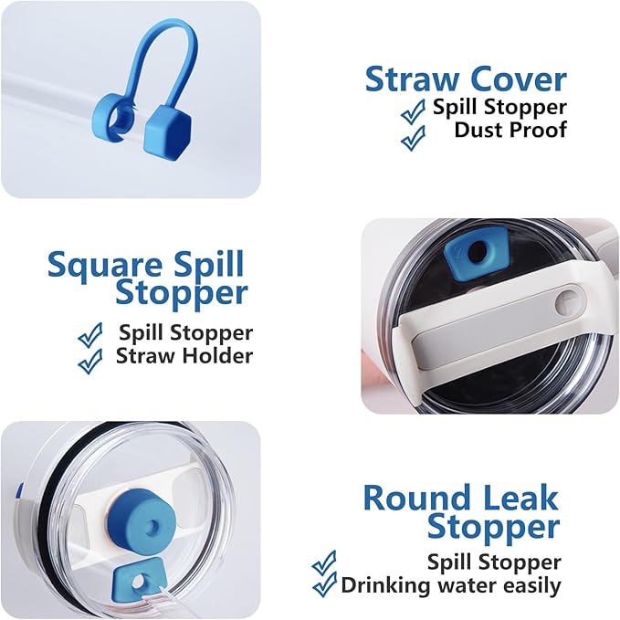Silicone Spill Stopper Set Compatible with Stanley Cup 2.0 30oz & 40oz with Straw Cover (Set of 2, Azure)