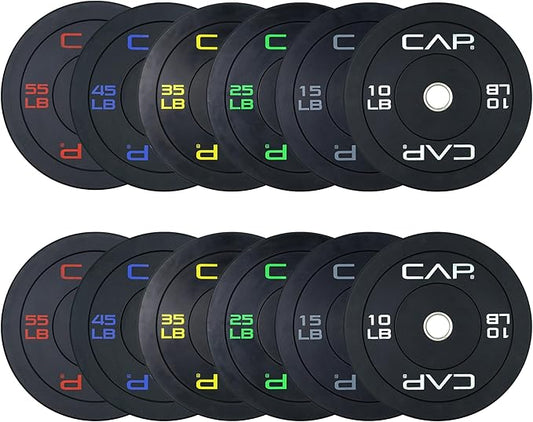 CAP Barbell 2-Inch Olympic Bumper Plate Weight Set with 6 Post Rack | 100-370 lbs | Multiple Options